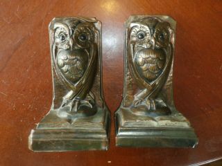 Pair Vintage Antique Brass Bronze Overlay Chalkware Owl Bookends Book Ends