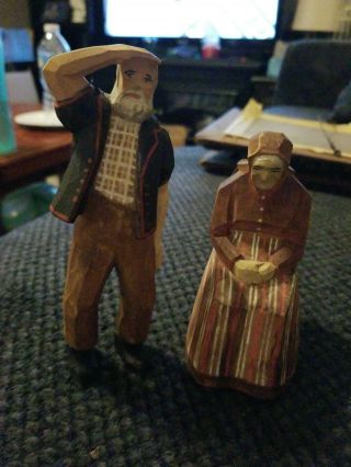 Vintage Swiss Old Man Woman Wood Carved Figurines Switzerland Black Forest Doll
