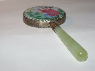 Antique Vintage Chinese Jade Handle Painted Porcelain silver tone ornate Mirror 3