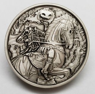 Headless Horseman Antiqued Sleepy Hollow 2 Oz.  999 Silver Coin