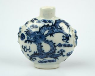 Antique / Vintage Large Chinese Blue And White Porcelain Dragon Snuff Bottle Fla