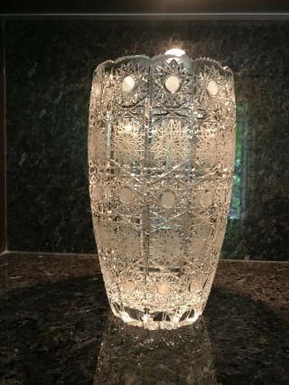 Antique Czech Bohemian Cut Crystal Glass Vase Queen Lace Pattern Height 12” Tall