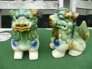 Vintage Large Fu Foo Dog Figures Statues Ceramic Glazed Pair Green Brown Blue