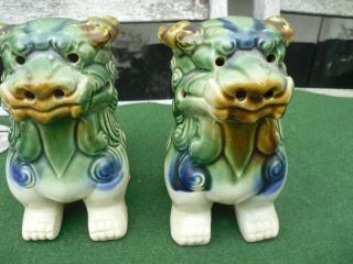 Vintage Large Fu Foo Dog Figures Statues Ceramic Glazed Pair Green Brown Blue 2
