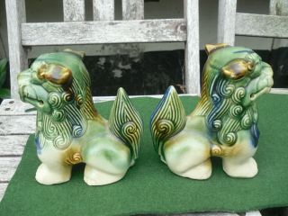 Vintage Large Fu Foo Dog Figures Statues Ceramic Glazed Pair Green Brown Blue 3