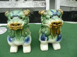Vintage Large Fu Foo Dog Figures Statues Ceramic Glazed Pair Green Brown Blue 4
