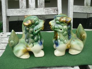Vintage Large Fu Foo Dog Figures Statues Ceramic Glazed Pair Green Brown Blue 5