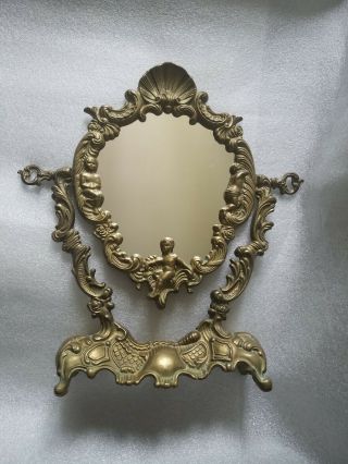 Vintage Ornate Brass Or Cast Brass?? Vanity Mirror With Cherubs Made In Italy