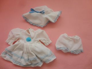 Darling Vintage White W Blue Floral Lace Doll Dress,  Hat & Panties