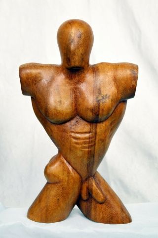 Hand Carved Nude Male Torso Sculpture Art Solid Wood 12 " Tall