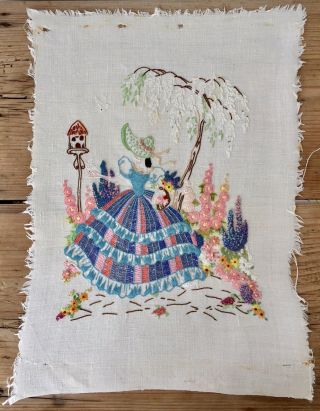 Vintage Heavily Embroidered Crinoline Lady Hand In Garden Embroidered Panel