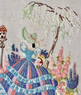 Vintage Heavily Embroidered Crinoline Lady Hand In Garden Embroidered Panel 3