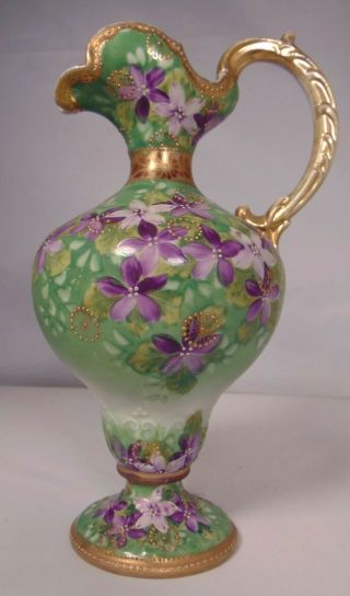 Antique Nippon Japanese Porcelain 10 " Bolted Ewer Pitcher Violets Flowers