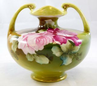 Antique Hand Painted Nippon Double Handle Vase Pink Green Rose Thorns Flower