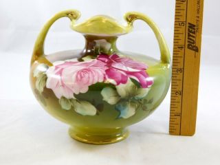 Antique Hand Painted Nippon Double Handle Vase Pink Green Rose Thorns Flower 2