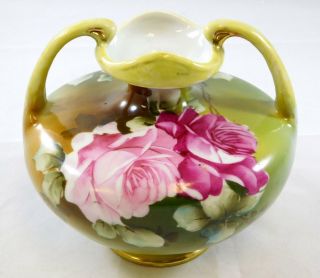 Antique Hand Painted Nippon Double Handle Vase Pink Green Rose Thorns Flower 3