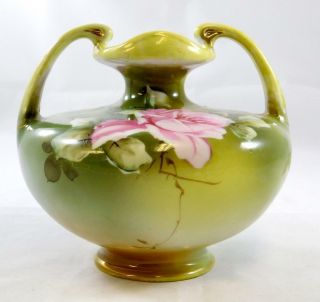 Antique Hand Painted Nippon Double Handle Vase Pink Green Rose Thorns Flower 5