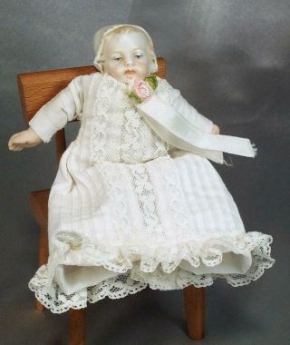 Antique German Bisque Dollhouse Baby Doll Cherubic Face Bonnet Head W Gown