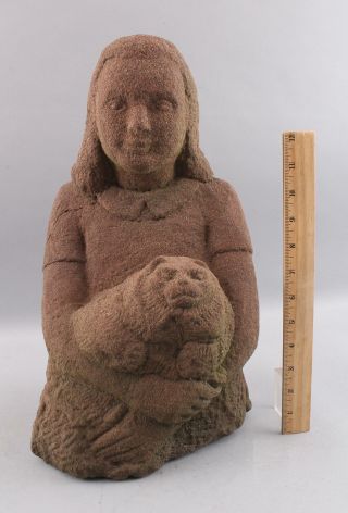 Antique Early 20thc American Folk Art Carved Sandstone,  Young Girl & Fat Cat