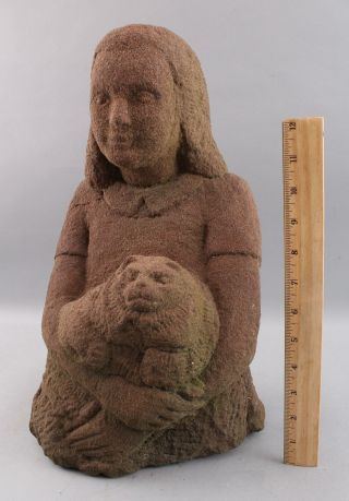 Antique Early 20thC American Folk Art Carved Sandstone,  Young Girl & Fat Cat 5