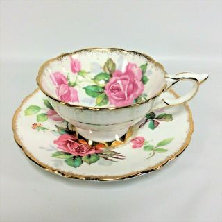 Cabbage Rose Pink Wide Mouth Tea Cup Saucer Gold Royal Stafford Berkeley Rose
