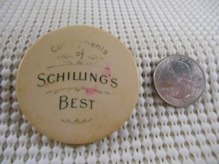 Antique Schillings Best Spices Advertising 2 " Celluloid Mirror Beveled Glass