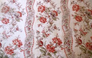 Antique French Floral Garland Cotton Fabric 1 Coral Red Lavender Lilac Aqua