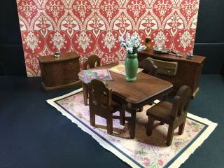 Strombecker Vintage Wood Doll House Dining Room Furniture; Walnut