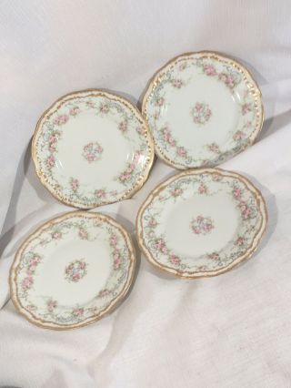 4 Antique Double Gold Haviland Limoges Plates Yvonne ? Pink Blue Flowers Romeo