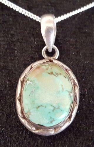 Sterling Silver & Green Turquoise Vintage Art Deco Antique Oval Pendant Necklace