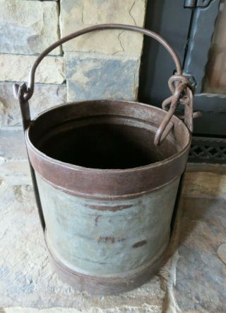 Vintage Antique Hand Made Industrial Metal Pale/bucket With Hook,  20.  5 " Tall