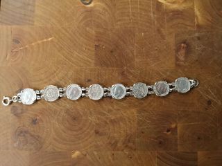 Antique English Silver Three Pence 3d Coin Bracelet Dates 1916 - 1955 (21 Grams)