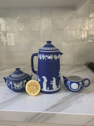 Antique Wedgwood Jasperware Dark Cobait Blue Tea Set Pot Creamer And Sugar Bowl