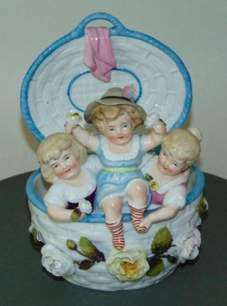 Rare Antique Figural Group Three Children In A Basket Germany Conta Boehm