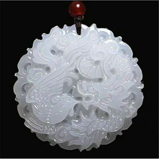 100 China Natural Hand - Carved White Jade Dragon Phoenix Jade Pendant 02