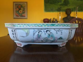Qing / Republic Chinese Porcelain Bulb Pot Planter Bowl W/ Writing Figures Scene