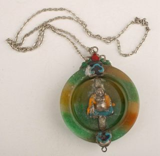 Vintage China Tibetan Silver Jade Hand - Carved Maitreya Statue Pendant Necklace