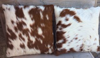 Vintage Set Of 2 Cow Hide Pillows 16” X 16” Brown/white