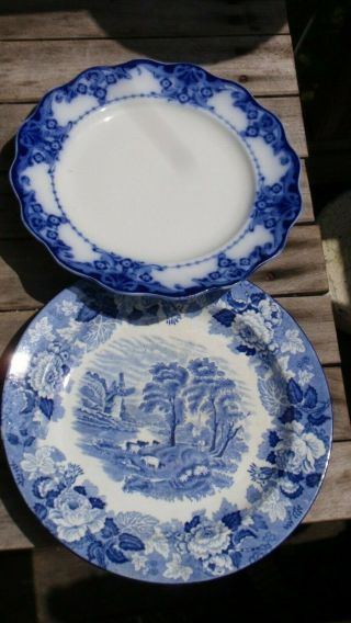2 Antique Porcelain Plates Flow Blue Royal Doulton & Woods Ware Enoch England