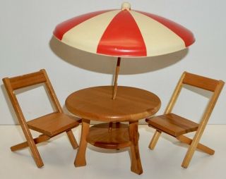 Vintage Strombecker Furniture Patio Table W/umbrella & 2 Chairs 8 " Doll