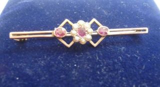Antique 9ct Gold Brooch Set With Rubies And Seed Pearls
