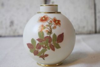 Royal Worcester Short Puff Vase Hand Painted Floral Antique Gold Trim 4.  25 " T