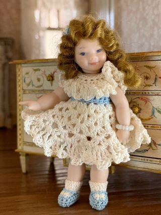Artisan Vintage Miniature Dollhouse All Porcelain Jointed Doll Signed Mohair