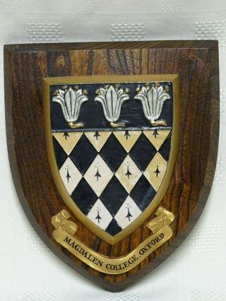 Vintage Wooden Wall Plaque Magdalen College Oxford Shield Crest / Arms