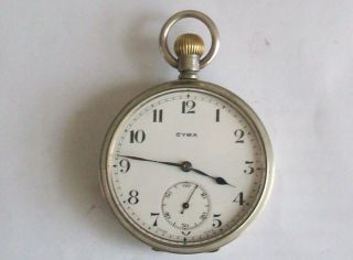 Antique Swiss Cyma 7 Jewel Pocket Watch Silver Plate Or Nickle