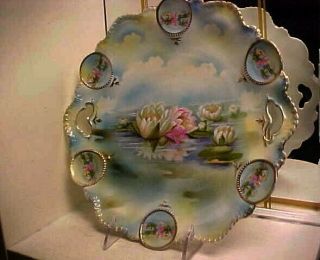 Rare Antique 1895 RS Prussia Water Lilies Medallion Cake Plate - Red Mark 2