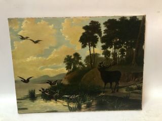 Antique Sporting Art Wildlife Study Oil Painting Of Ducks And A Moose