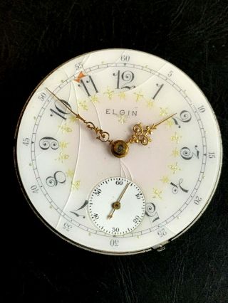 18s Elgin Pocket Watch Movement Bad Dial Great Gold Hands For Fix Good Balance