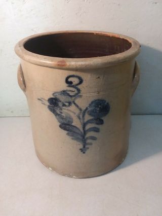 Antique Primitive 3 Gallon Stoneware Crock Salt Glazed Cobalt Pottery
