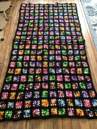 Vtg Granny Square Afghan Blanket Crochet Black Multi Color 76” X 42” Handmade